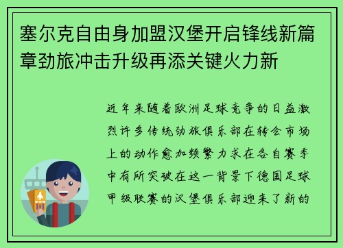 塞尔克自由身加盟汉堡开启锋线新篇章劲旅冲击升级再添关键火力新