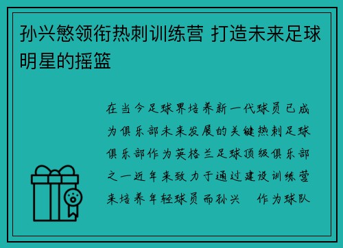 孙兴慜领衔热刺训练营 打造未来足球明星的摇篮
